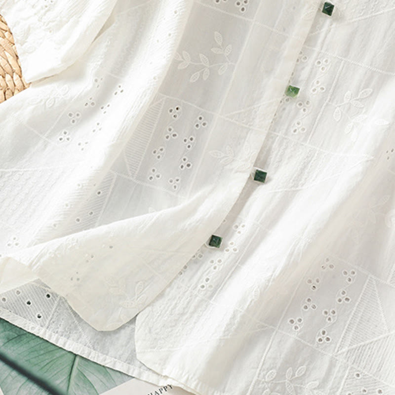 Buddha Stones Lässiges Damen-Shirt mit Rundhalsausschnitt und Stickerei aus hohler Baumwolle und Polyester mit halben Ärmeln - image 5