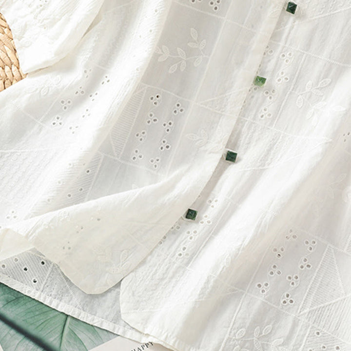 Buddha Stones Lässiges Damen-Shirt mit Rundhalsausschnitt und Stickerei aus hohler Baumwolle und Polyester mit halben Ärmeln - image 5