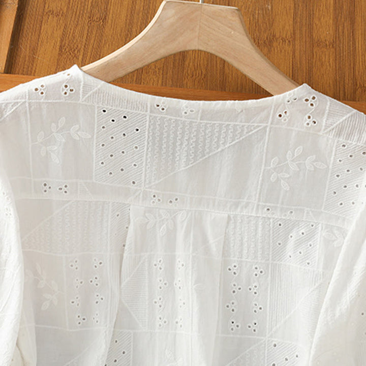 Buddha Stones Lässiges Damen-Shirt mit Rundhalsausschnitt und Stickerei aus hohler Baumwolle und Polyester mit halben Ärmeln - image 3