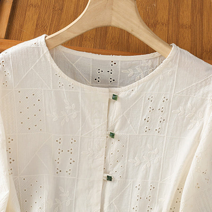 Buddha Stones Lässiges Damen-Shirt mit Rundhalsausschnitt und Stickerei aus hohler Baumwolle und Polyester mit halben Ärmeln - image 8