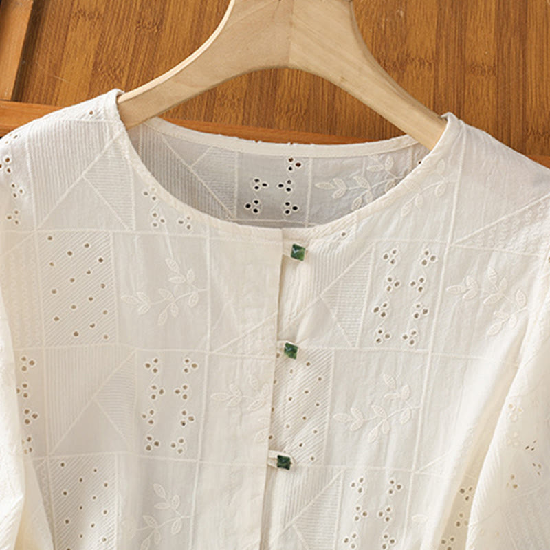 Buddha Stones Lässiges Damen-Shirt mit Rundhalsausschnitt und Stickerei aus hohler Baumwolle und Polyester mit halben Ärmeln - image 7