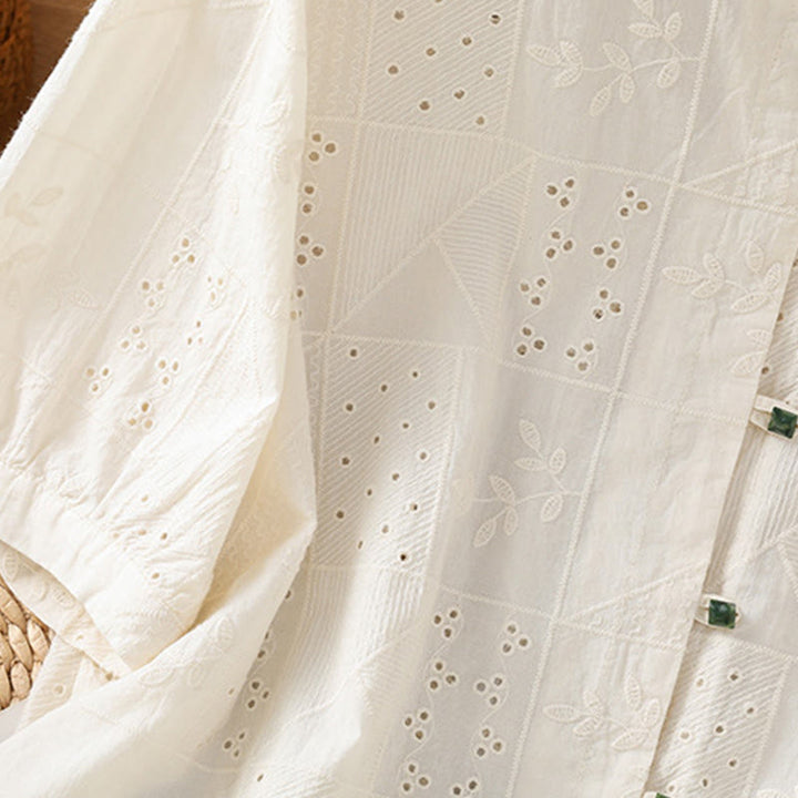 Buddha Stones Lässiges Damen-Shirt mit Rundhalsausschnitt und Stickerei aus hohler Baumwolle und Polyester mit halben Ärmeln - image 11