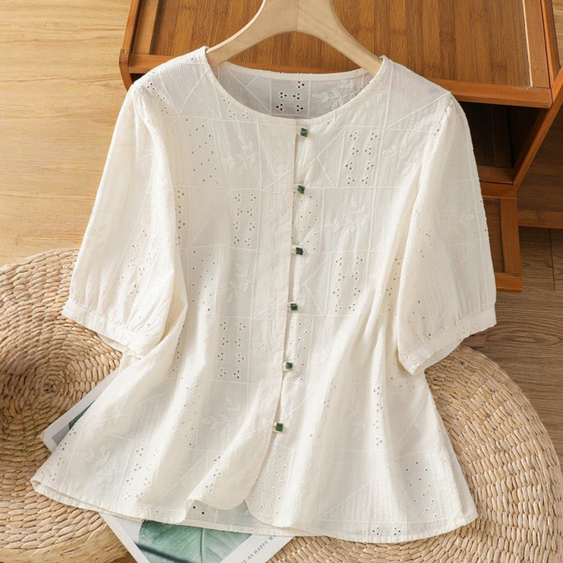 Buddha Stones Lässiges Damen-Shirt mit Rundhalsausschnitt und Stickerei aus hohler Baumwolle und Polyester mit halben Ärmeln - OldLace - US 8-10, UK/AU 12-14, EU 40-42 (2XL) - image 6