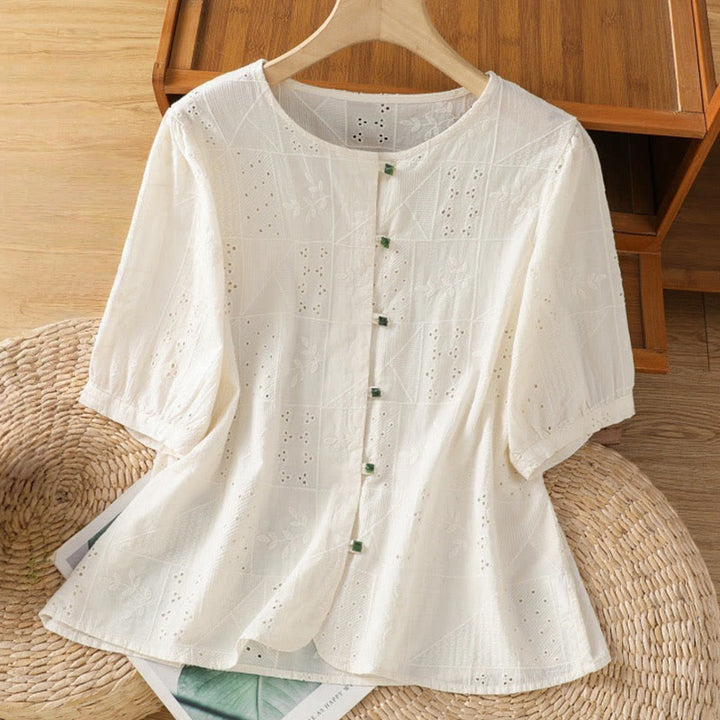 Buddha Stones Lässiges Damen-Shirt mit Rundhalsausschnitt und Stickerei aus hohler Baumwolle und Polyester mit halben Ärmeln - OldLace - US 8-10, UK/AU 12-14, EU 40-42 (2XL) - image 6