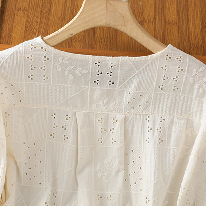 Buddha Stones Lässiges Damen-Shirt mit Rundhalsausschnitt und Stickerei aus hohler Baumwolle und Polyester mit halben Ärmeln - image 8
