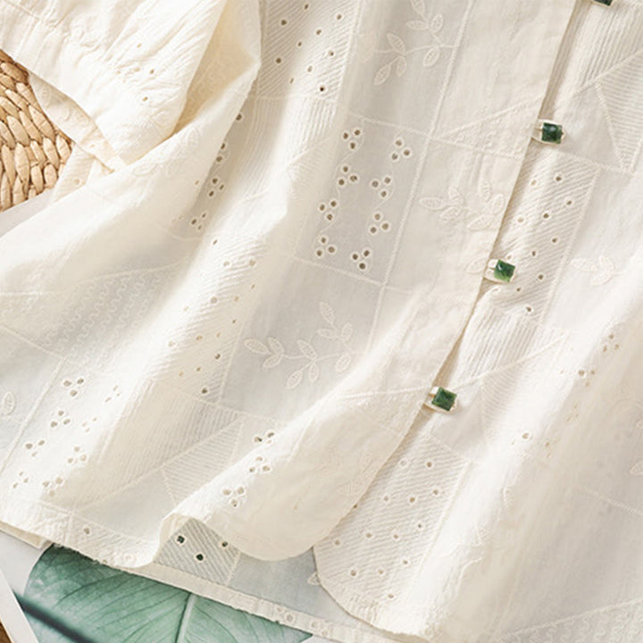 Buddha Stones Lässiges Damen-Shirt mit Rundhalsausschnitt und Stickerei aus hohler Baumwolle und Polyester mit halben Ärmeln - image 12