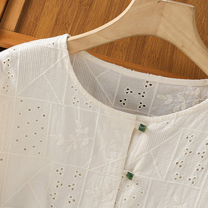 Buddha Stones Lässiges Damen-Shirt mit Rundhalsausschnitt und Stickerei aus hohler Baumwolle und Polyester mit halben Ärmeln - image 13
