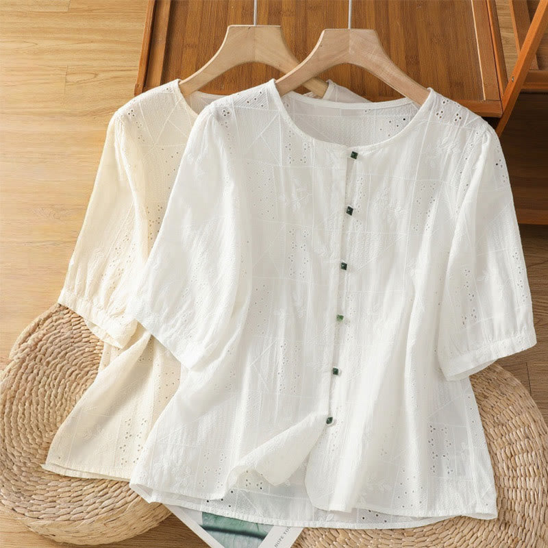 Buddha Stones Lässiges Damen-Shirt mit Rundhalsausschnitt und Stickerei aus hohler Baumwolle und Polyester mit halben Ärmeln - image 16