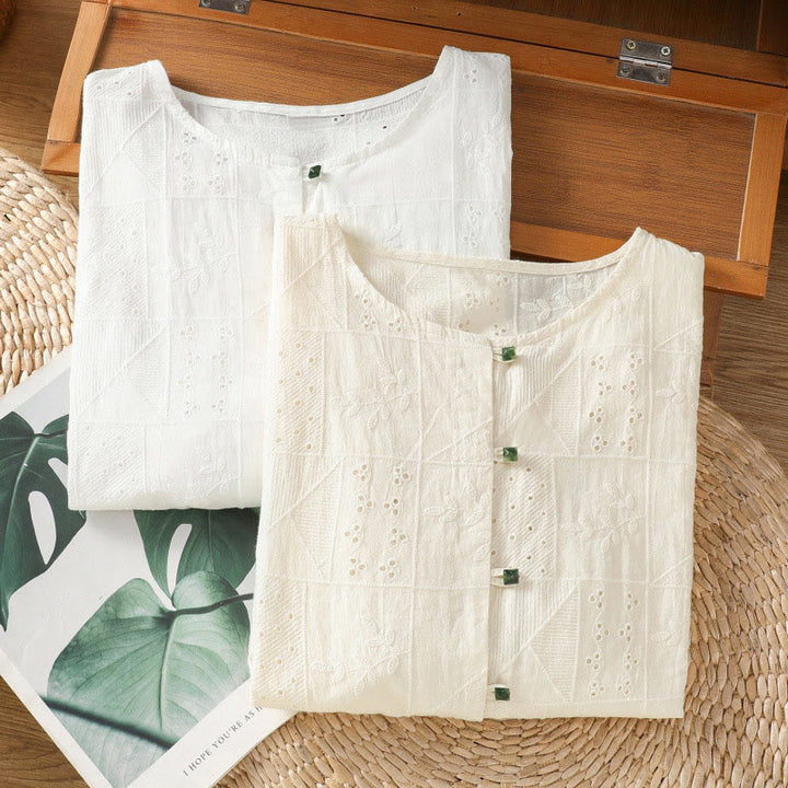 Buddha Stones Lässiges Damen-Shirt mit Rundhalsausschnitt und Stickerei aus hohler Baumwolle und Polyester mit halben Ärmeln - image 17