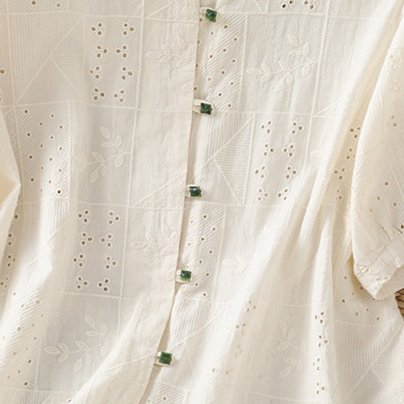 Buddha Stones Lässiges Damen-Shirt mit Rundhalsausschnitt und Stickerei aus hohler Baumwolle und Polyester mit halben Ärmeln - image 14