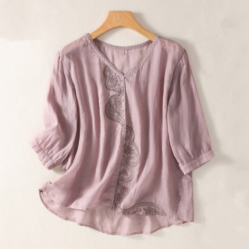 Lässiges Damen-T-Shirt aus Baumwolle und Leinen mit V-Ausschnitt und gesticktem Muster mit Buddha Stones - Pflaume - US14, UK/AU18,EU46 (2XL) - image 1