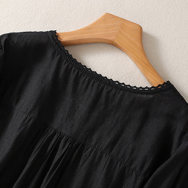Lässiges Damen-T-Shirt aus Baumwolle und Leinen mit V-Ausschnitt und gesticktem Muster mit Buddha Stones - image 8