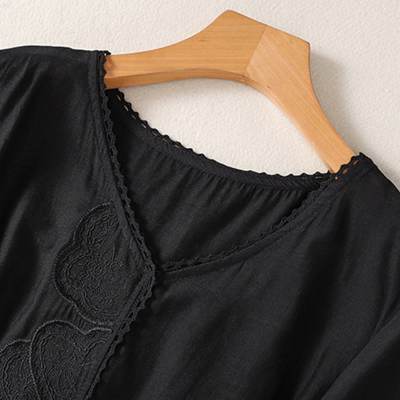 Lässiges Damen-T-Shirt aus Baumwolle und Leinen mit V-Ausschnitt und gesticktem Muster mit Buddha Stones - image 6