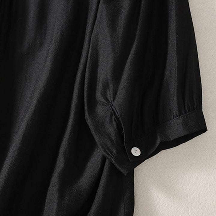 Lässiges Damen-T-Shirt aus Baumwolle und Leinen mit V-Ausschnitt und gesticktem Muster mit Buddha Stones - image 10