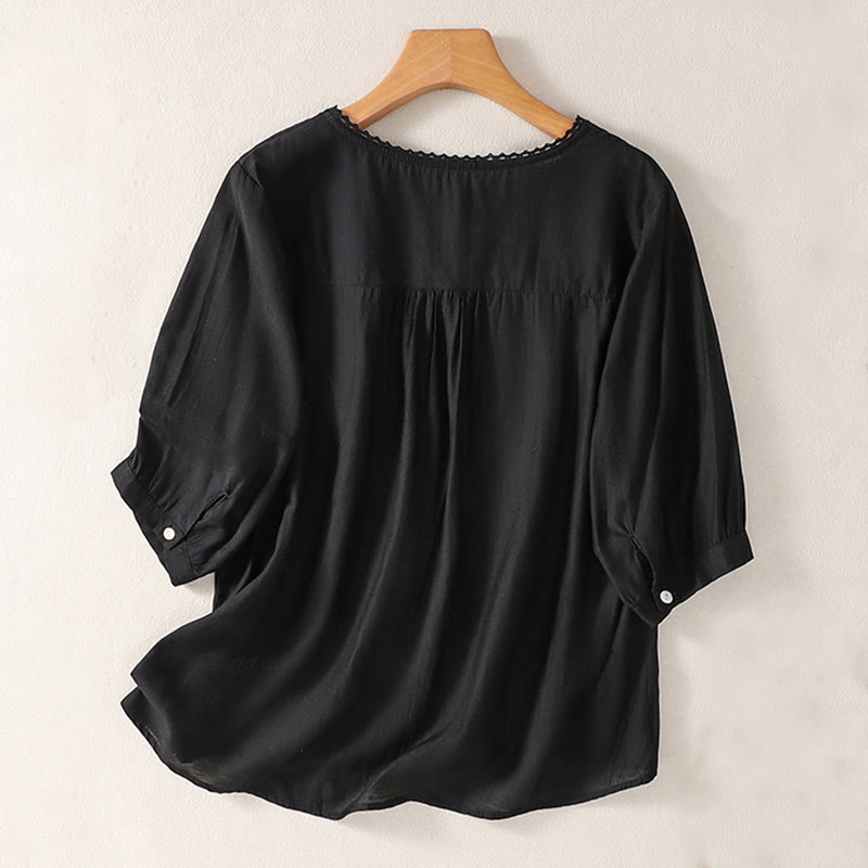 Lässiges Damen-T-Shirt aus Baumwolle und Leinen mit V-Ausschnitt und gesticktem Muster mit Buddha Stones - Schwarz - US14， UK/AU18，EU46 (2XL) - image 5
