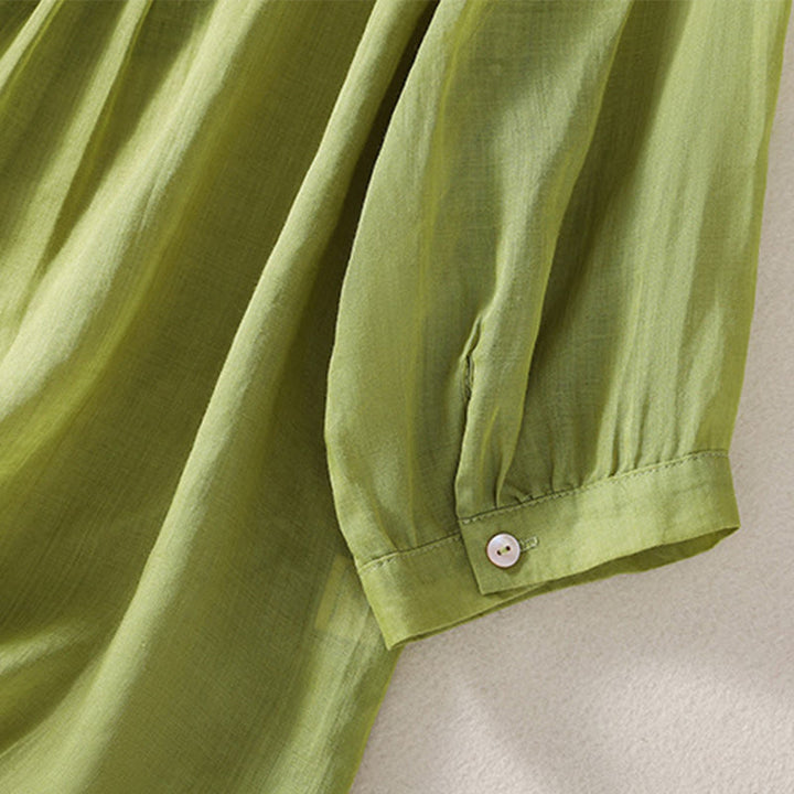 Lässiges Damen-T-Shirt aus Baumwolle und Leinen mit V-Ausschnitt und gesticktem Muster mit Buddha Stones - image 19