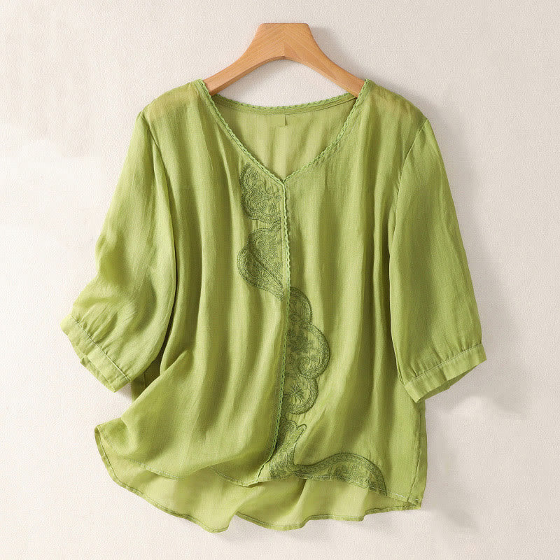 Lässiges Damen-T-Shirt aus Baumwolle und Leinen mit V-Ausschnitt und gesticktem Muster mit Buddha Stones - GelbGrün - US14， UK/AU18，EU46 (2XL) - image 13