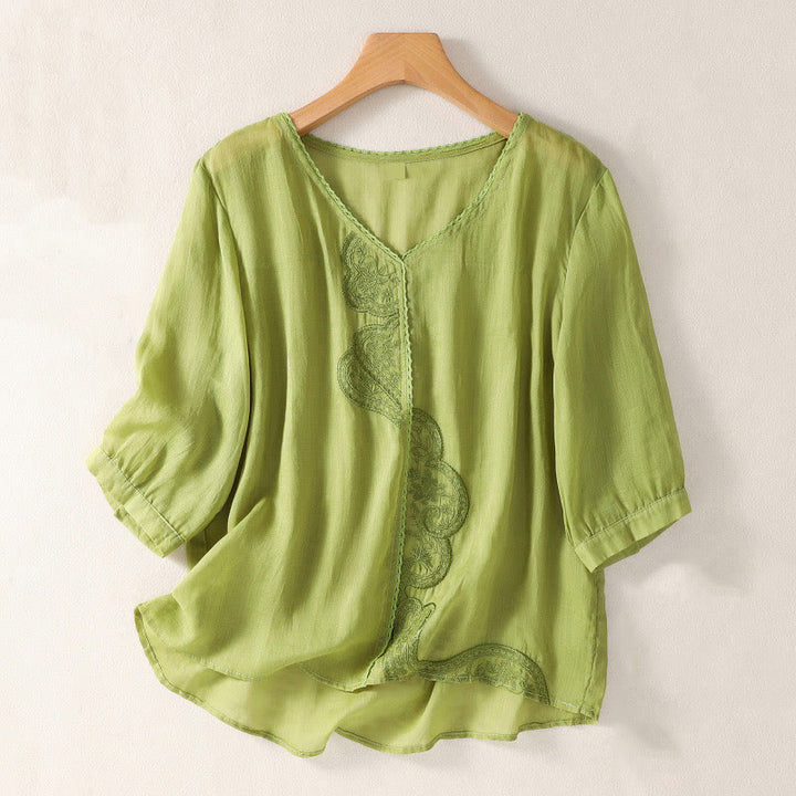 Lässiges Damen-T-Shirt aus Baumwolle und Leinen mit V-Ausschnitt und gesticktem Muster mit Buddha Stones - GelbGrün - US14， UK/AU18，EU46 (2XL) - image 13
