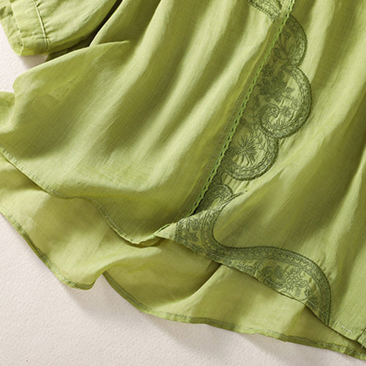 Lässiges Damen-T-Shirt aus Baumwolle und Leinen mit V-Ausschnitt und gesticktem Muster mit Buddha Stones - image 17
