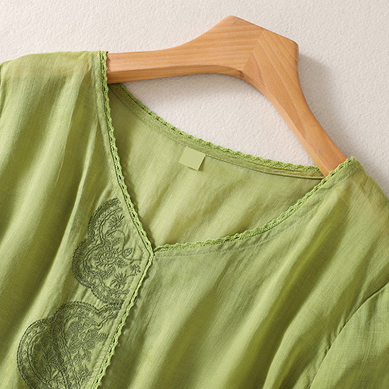 Lässiges Damen-T-Shirt aus Baumwolle und Leinen mit V-Ausschnitt und gesticktem Muster mit Buddha Stones - image 18