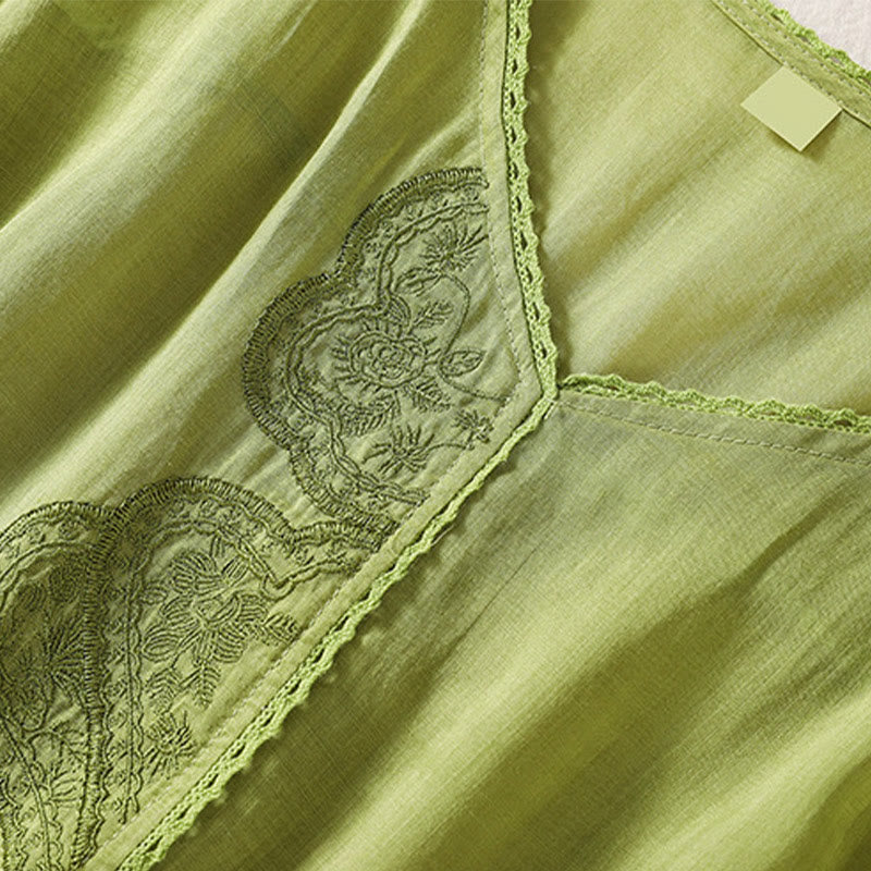 Lässiges Damen-T-Shirt aus Baumwolle und Leinen mit V-Ausschnitt und gesticktem Muster mit Buddha Stones - image 16