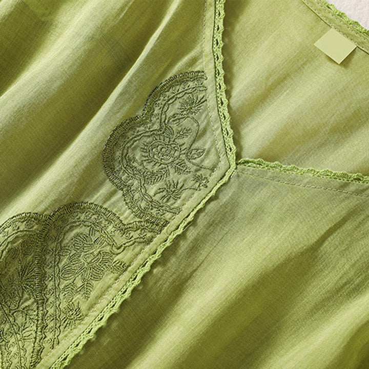 Lässiges Damen-T-Shirt aus Baumwolle und Leinen mit V-Ausschnitt und gesticktem Muster mit Buddha Stones - image 16