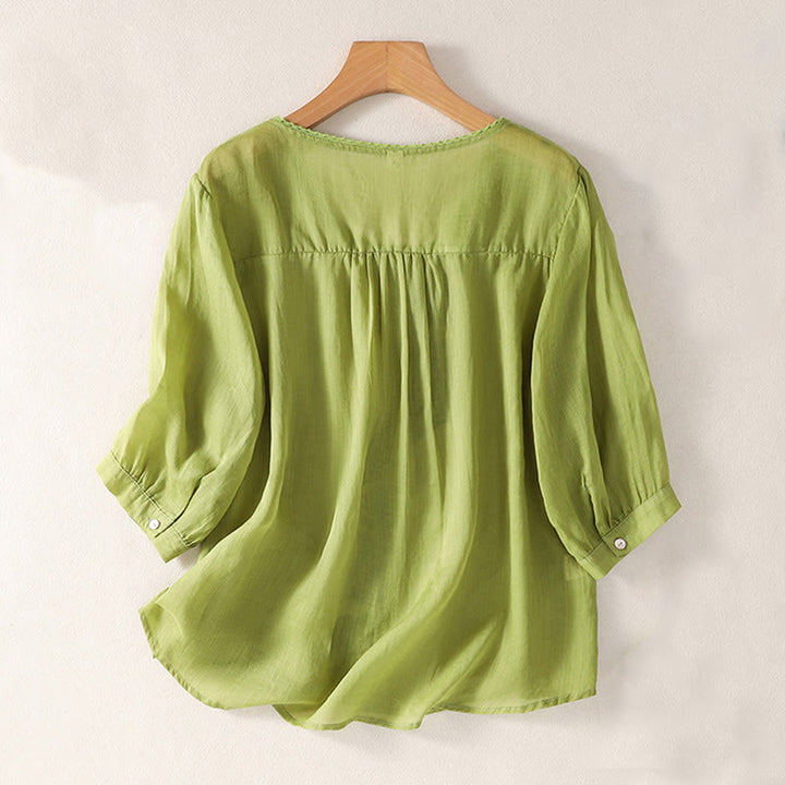 Lässiges Damen-T-Shirt aus Baumwolle und Leinen mit V-Ausschnitt und gesticktem Muster mit Buddha Stones - image 15