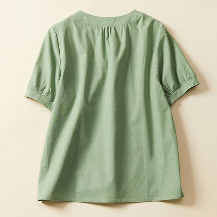 Buddha Stones Lässiges, schlichtes Damen-T-Shirt mit kurzen Ärmeln aus Baumwolle und Leinen - image 2