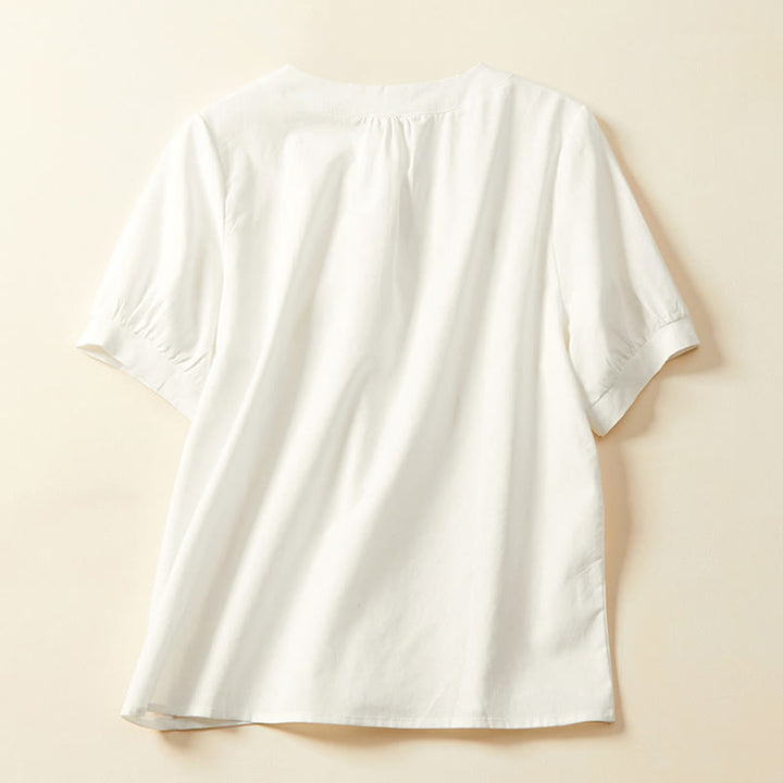 Buddha Stones Lässiges, schlichtes Damen-T-Shirt mit kurzen Ärmeln aus Baumwolle und Leinen - image 4