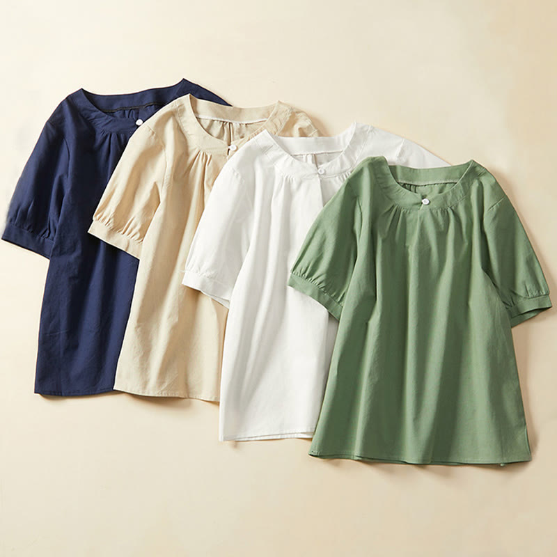 Buddha Stones Lässiges, schlichtes Damen-T-Shirt mit kurzen Ärmeln aus Baumwolle und Leinen - image 14