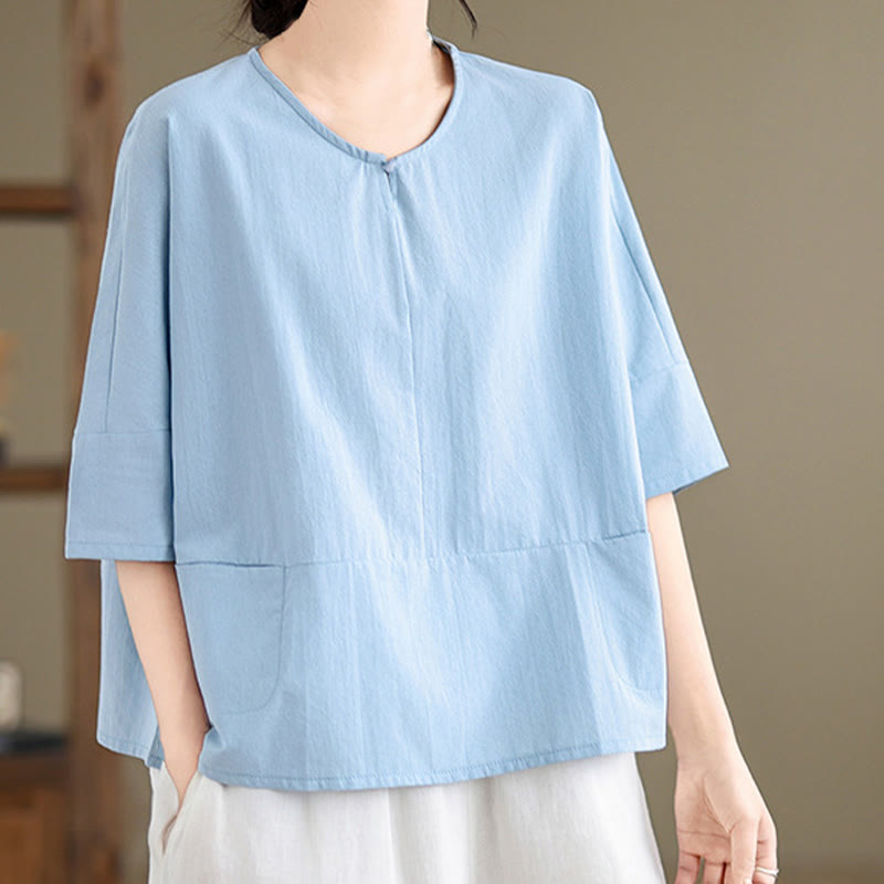 Buddha Stones Lässiges, schlichtes Damen-T-Shirt aus Baumwolle und Polyester mit halben Ärmeln und Taschen - image 6