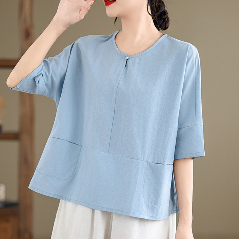 Buddha Stones Lässiges, schlichtes Damen-T-Shirt aus Baumwolle und Polyester mit halben Ärmeln und Taschen - HellHimmelBlau - US14, UK/AU18,EU46 (2XL) - image 1