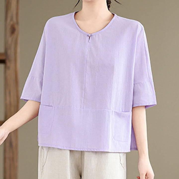 Buddha Stones Lässiges, schlichtes Damen-T-Shirt aus Baumwolle und Polyester mit halben Ärmeln und Taschen - image 8