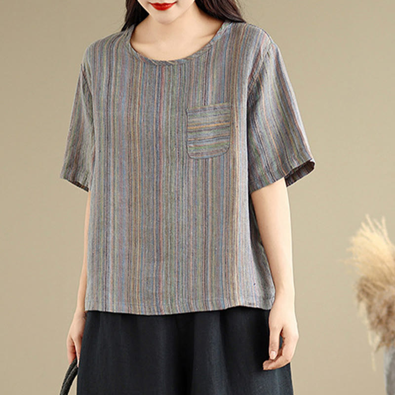 Buddha Stones Lässiges Retro-gestreiftes Damen-T-Shirt aus Baumwolle und Leinen mit halben Ärmeln - image 13
