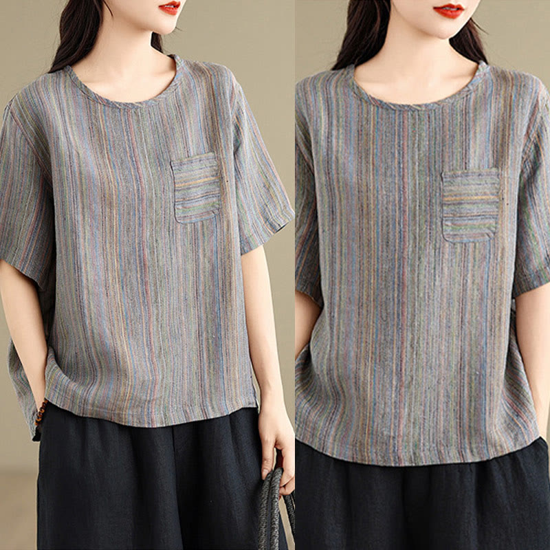 Buddha Stones Lässiges Retro-gestreiftes Damen-T-Shirt aus Baumwolle und Leinen mit halben Ärmeln - image 15