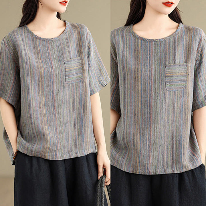 Buddha Stones Lässiges Retro-gestreiftes Damen-T-Shirt aus Baumwolle und Leinen mit halben Ärmeln - image 15