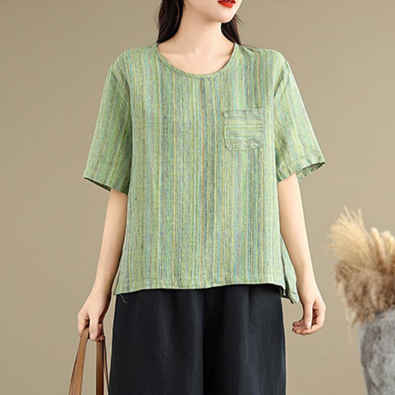 Buddha Stones Lässiges Retro-gestreiftes Damen-T-Shirt aus Baumwolle und Leinen mit halben Ärmeln - image 18