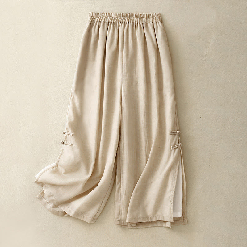 Buddha Stones Damenhose aus Baumwollleinen mit weitem Bein, Froschknopf-Saum und Schlitzdesign und Taschen - Beige - US8-10, UK/AU12-14, EU40-42 (2XL) - image 1