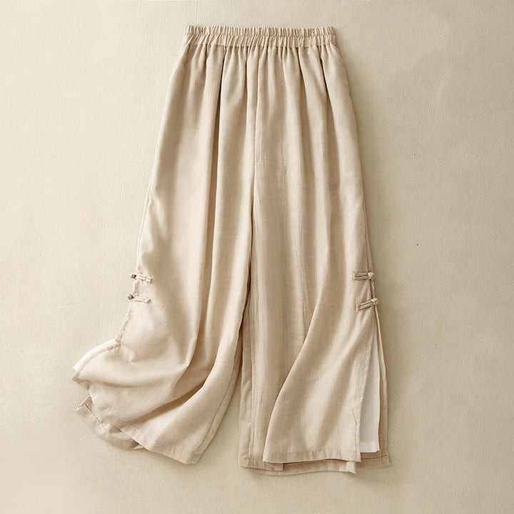 Buddha Stones Damenhose aus Baumwollleinen mit weitem Bein, Froschknopf-Saum und Schlitzdesign und Taschen - Beige - US8-10, UK/AU12-14, EU40-42 (2XL) - image 1