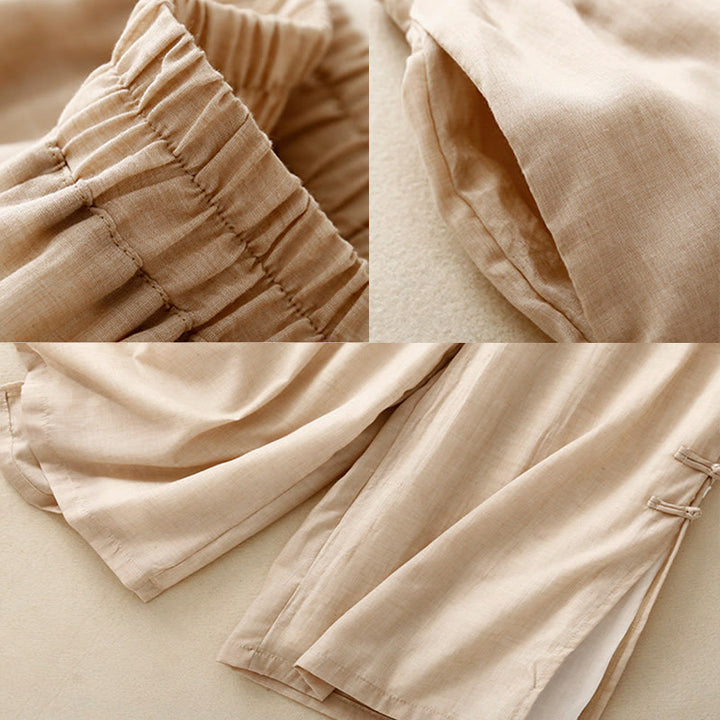 Buddha Stones Damenhose aus Baumwollleinen mit weitem Bein, Froschknopf-Saum und Schlitzdesign und Taschen - image 8