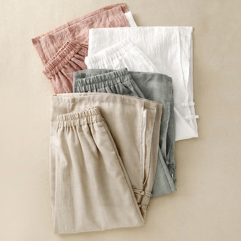 Buddha Stones Damenhose aus Baumwollleinen mit weitem Bein, Froschknopf-Saum und Schlitzdesign und Taschen - image 21