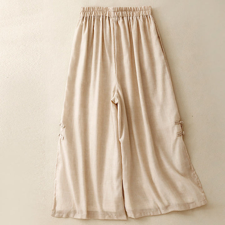 Buddha Stones Damenhose aus Baumwollleinen mit weitem Bein, Froschknopf-Saum und Schlitzdesign und Taschen - image 1