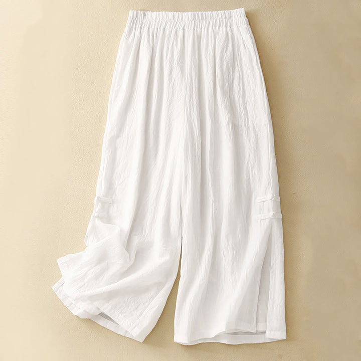 Buddha Stones Damenhose aus Baumwollleinen mit weitem Bein, Froschknopf-Saum und Schlitzdesign und Taschen - Weiß - US8-10, UK/AU12-14, EU40-42 (2XL) - image 9