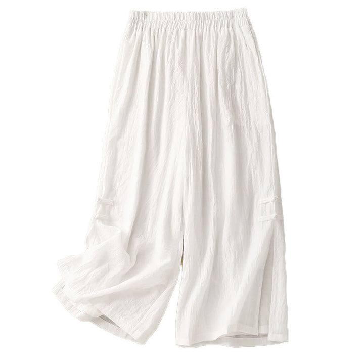 Buddha Stones Damenhose aus Baumwollleinen mit weitem Bein, Froschknopf-Saum und Schlitzdesign und Taschen - image 13