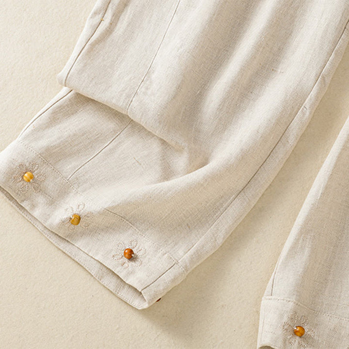 Buddha Stones Lässige Damenhose aus Baumwolle mit weitem Bein, bestickten Perlen und Kordelzug und Taschen - image 20