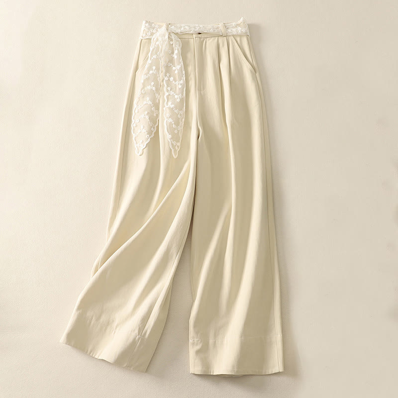 Buddha Stones Daily Damenhose aus Baumwolle mit weitem Bein und Taschen, einfarbig, mit Spitzengürtel - Beige - US 8-10, UK/AU 12-14, EU 40-42 (2XL) - image 0