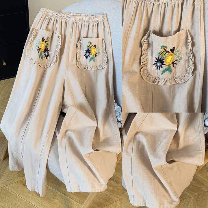 Buddha Stones Lässige beige Stickerei Damenhose aus Baumwollleinen mit weitem Bein und Taschen - image 9