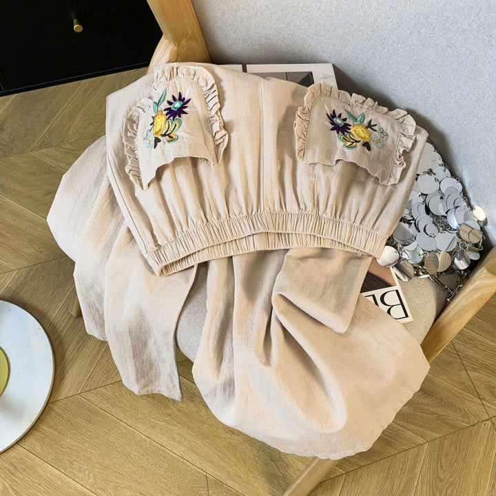 Buddha Stones Lässige beige Stickerei Damenhose aus Baumwollleinen mit weitem Bein und Taschen - image 2