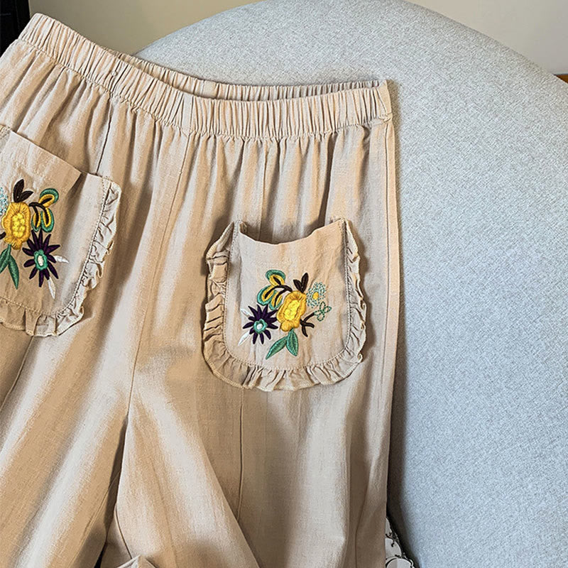 Buddha Stones Lässige beige Stickerei Damenhose aus Baumwollleinen mit weitem Bein und Taschen - image 5