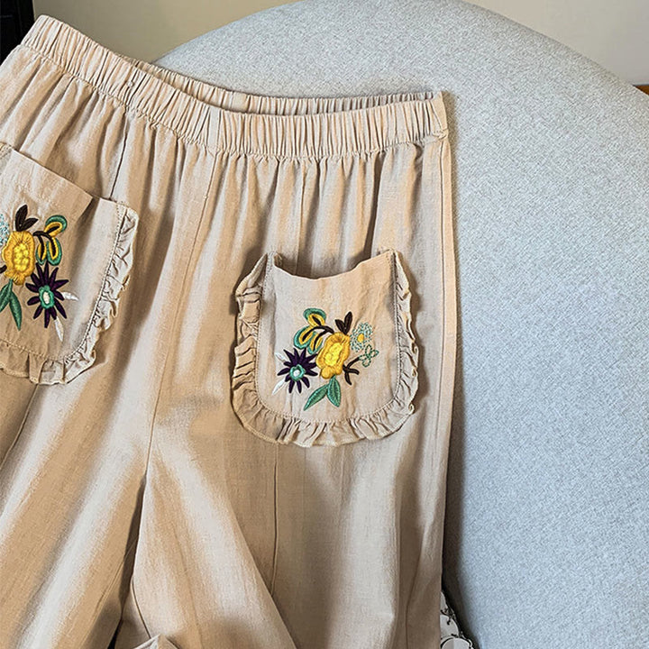 Buddha Stones Lässige beige Stickerei Damenhose aus Baumwollleinen mit weitem Bein und Taschen - image 5